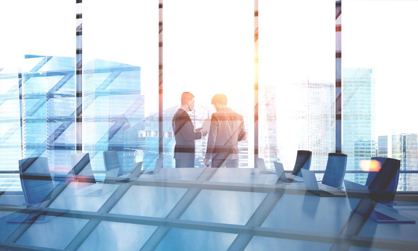 businessmen-talking-modern-panoramic-office-boardroom-with-gray-table-3d-rendering-mock-up-toned-image-double-exposure