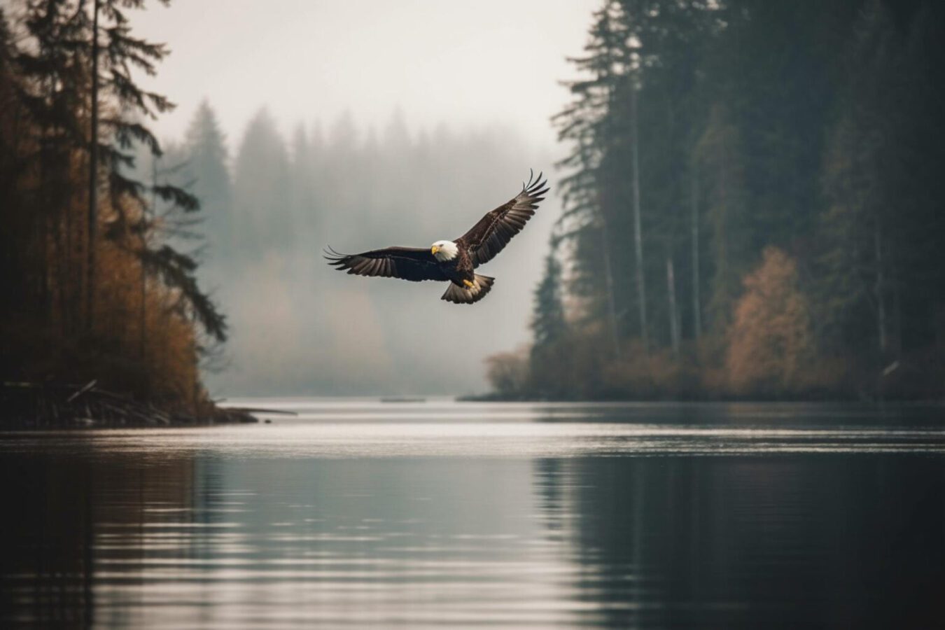 eagle-flying-across-calm-lake